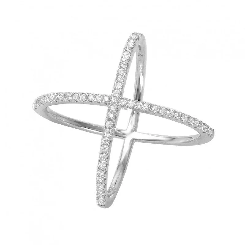 Silver 925 Rhodium Plated 4 Way CZ Cross Ring - GMR00039