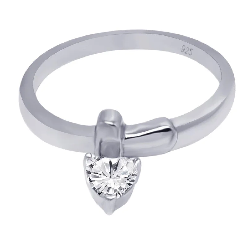 Silver 925 Rhodium Plated CZ Dangling Heart Ring - AAR0051