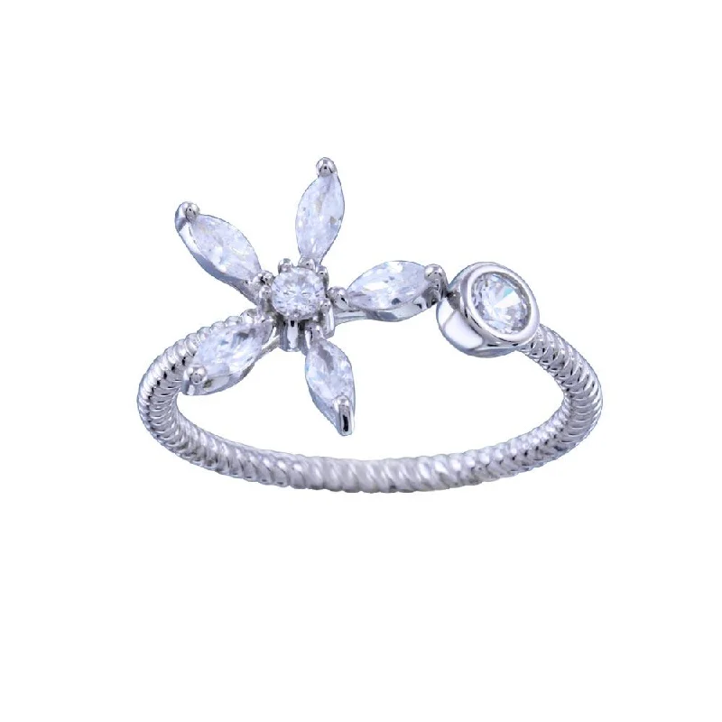 Rhodium Plated 925 Sterling Silver CZ  Flower Open Ring - STR01151