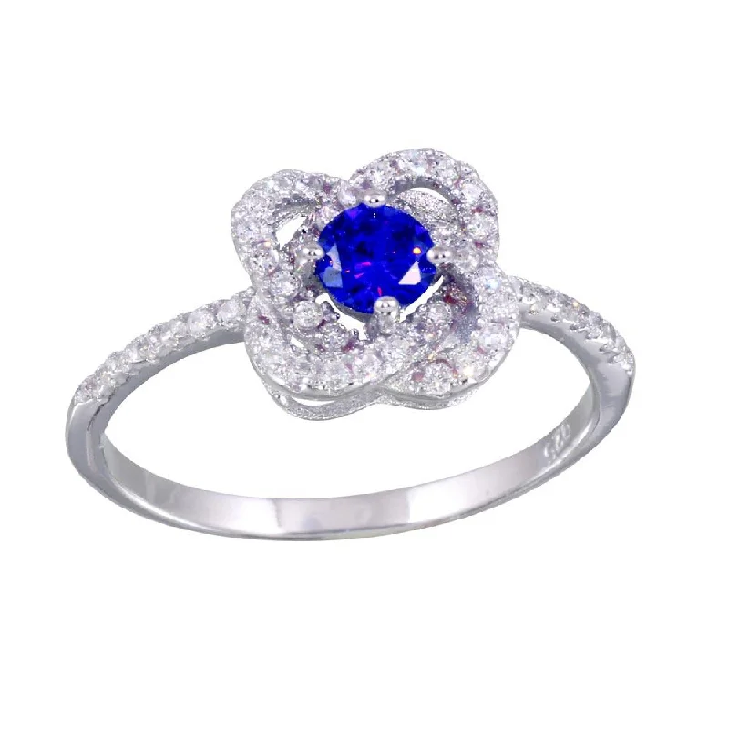 Rhodium Plated 925 Sterling Silver CZ Knot Blue Center Stone Ring - BGR01141BLU