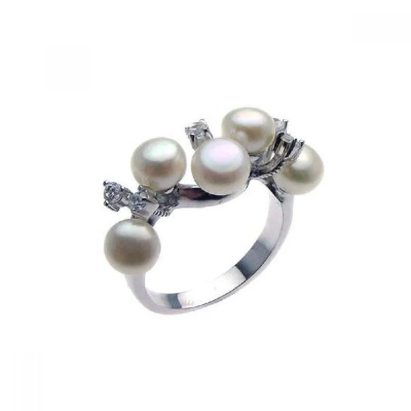 Closeout-Silver 925 Rhodium Plated CZ Multiple Fresh Water Pearl Ring - STR00612