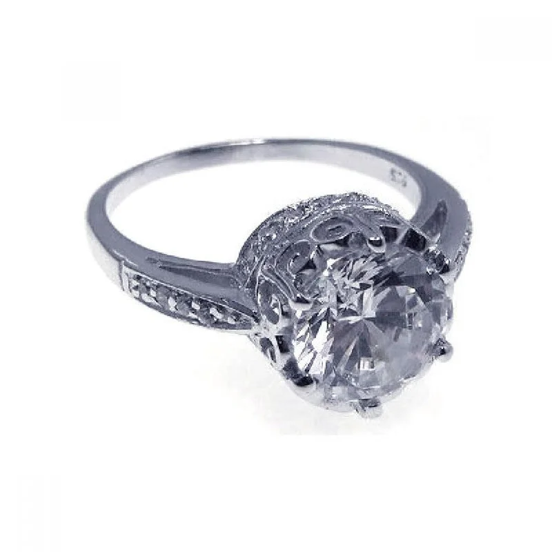 Silver 925 Rhodium Plated CZ Round Antique Ring - STR00523