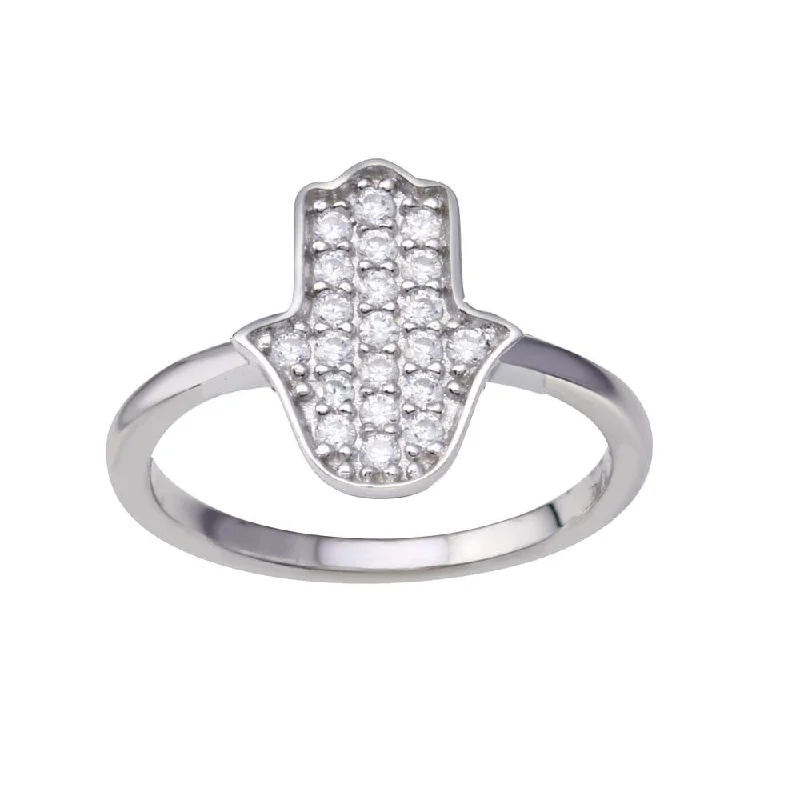 Rhodium Plated 925 Sterling Silver Hamsa Clear CZ Ring - BGR01351