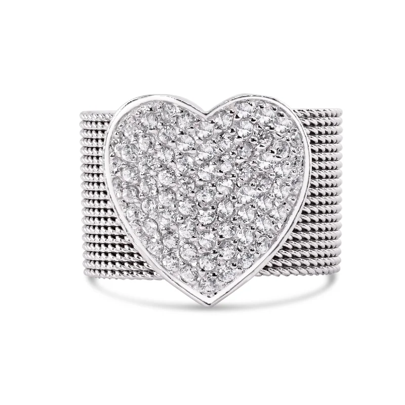 Closeout-Silver 925 Rhodium Plated Multi Chain CZ Heart Ring - STR00067