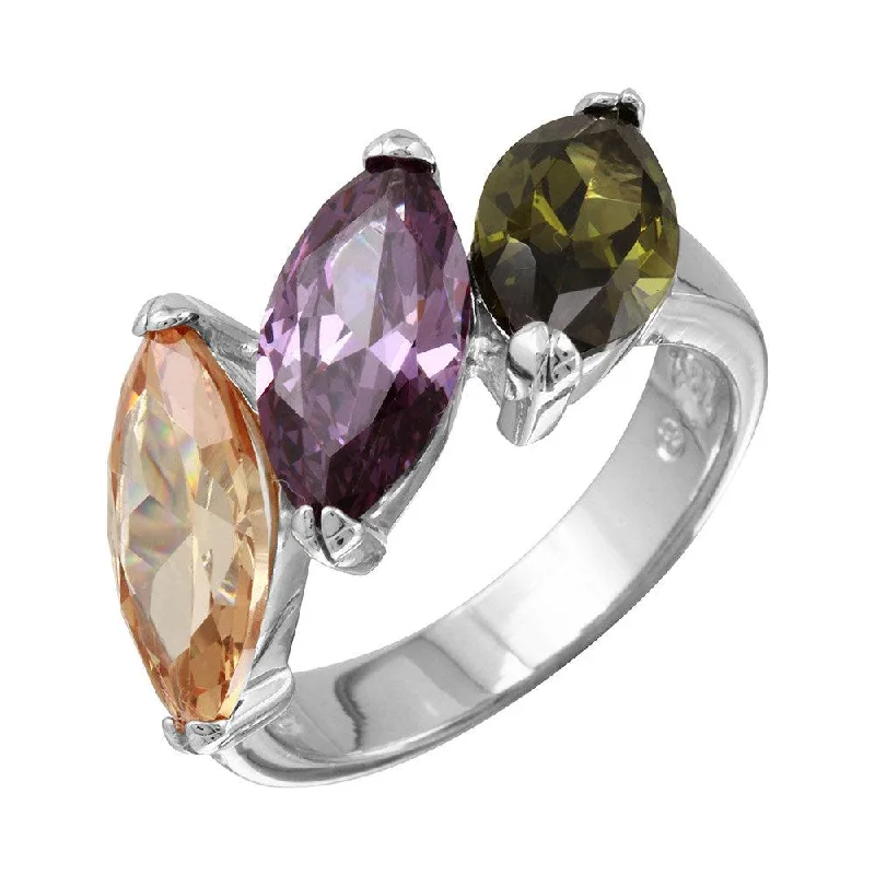 Rhodium Plated 925 Sterling Silver Multi Color 3 CZ Stones Ring - BGR01093