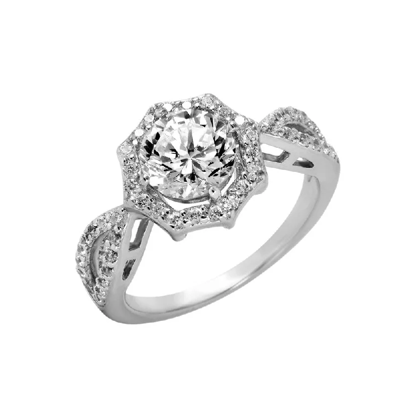 Silver 925 Rhodium Plated Octagon Shaped Ring with CZ Accents Caps - BGR00992