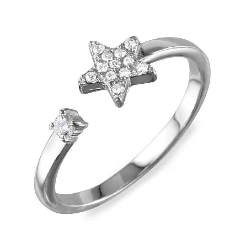 Rhodium Plated 925 Sterling Silver Open Star Ring with CZ - BGR01103