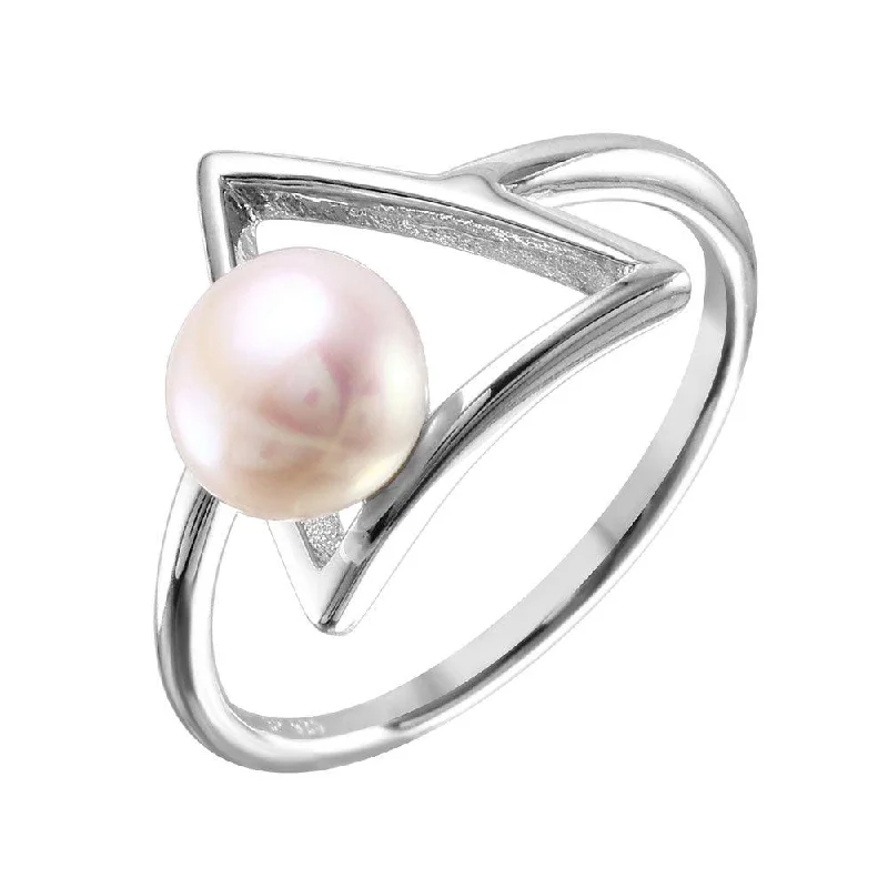 Silver 925 Rhodium Plated Open Triangle Fresh Water Pearl Ring - STR01039