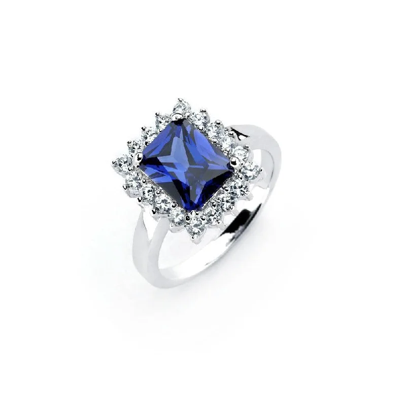 Silver 925 Rhodium Plated Rectangular Blue Center and Clear Cluster CZ Ring - BGR00745