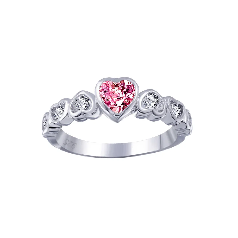 Silver 925 Rhodium Plated Red Center CZ Heart Ring - BGR00014RED