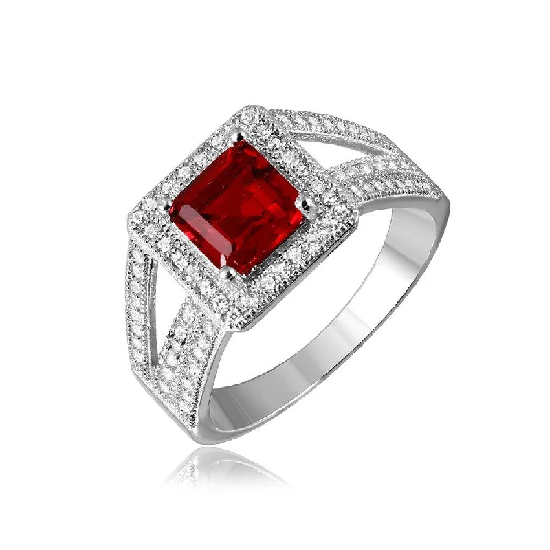 Silver 925 Rhodium Plated Red Square Halo with Micro Pave CZ Ring - GMR00103R