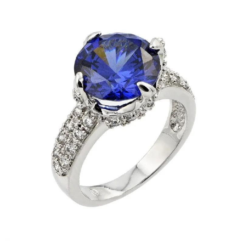 Silver 925 Rhodium Plated Round Blue Center and Clear Micro Pave Set CZ Bridal Ring - BGR00779