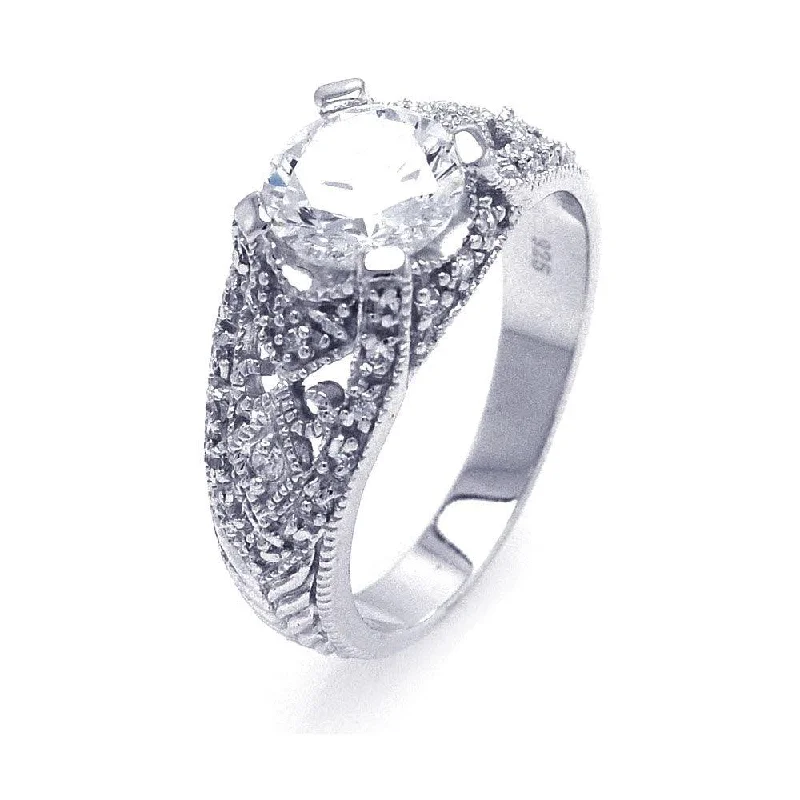 Silver 925 Rhodium Plated Round Center CZ Antique Ring - STR00525