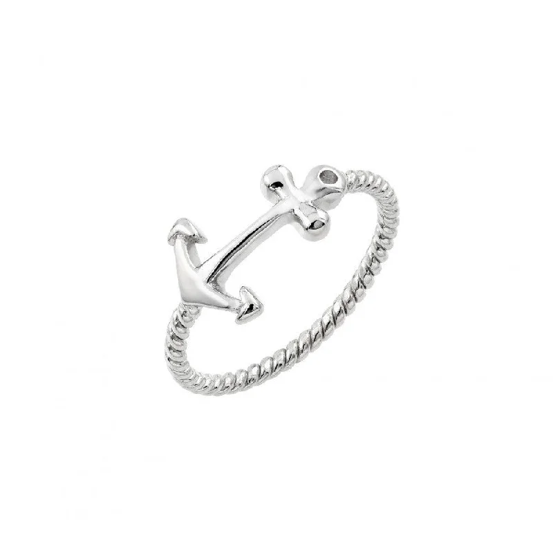 Silver 925 Rhodium Plated Round Clear CZ Anchor Rope Ring - STR01002