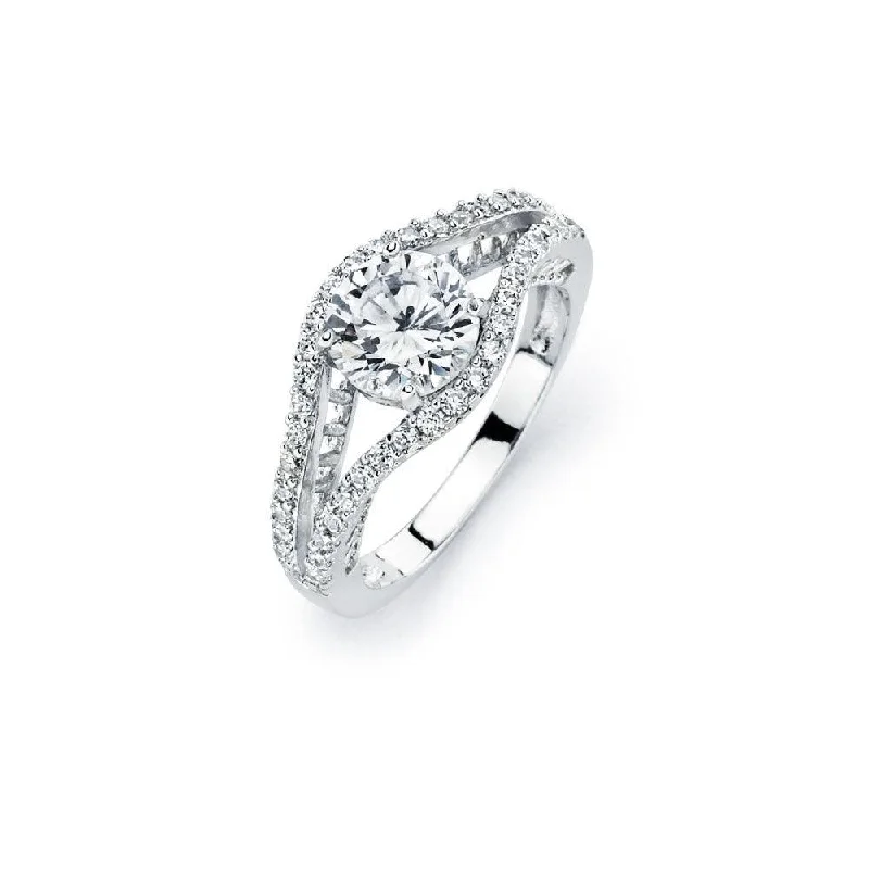 Silver 925 Rhodium Plated Round Clear Pave Set CZ Bridal Ring - BGR00447