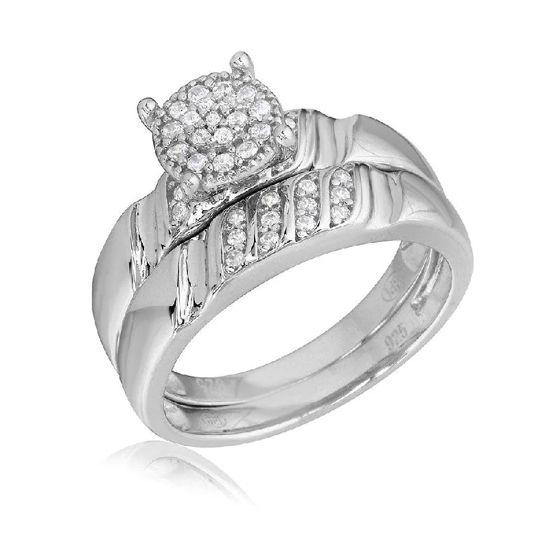 Rhodium Plated 925 Sterling Silver Sideway Stone Design Custer CZ Center Wedding Ring - GMR00164