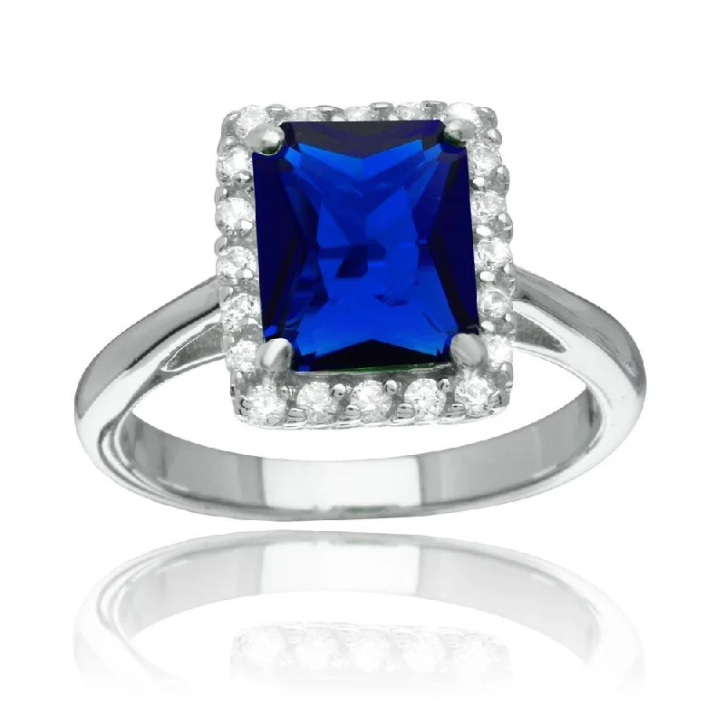 Rhodium Plated 925 Sterling Silver Square Blue CZ Halo Ring - BGR01113BLU