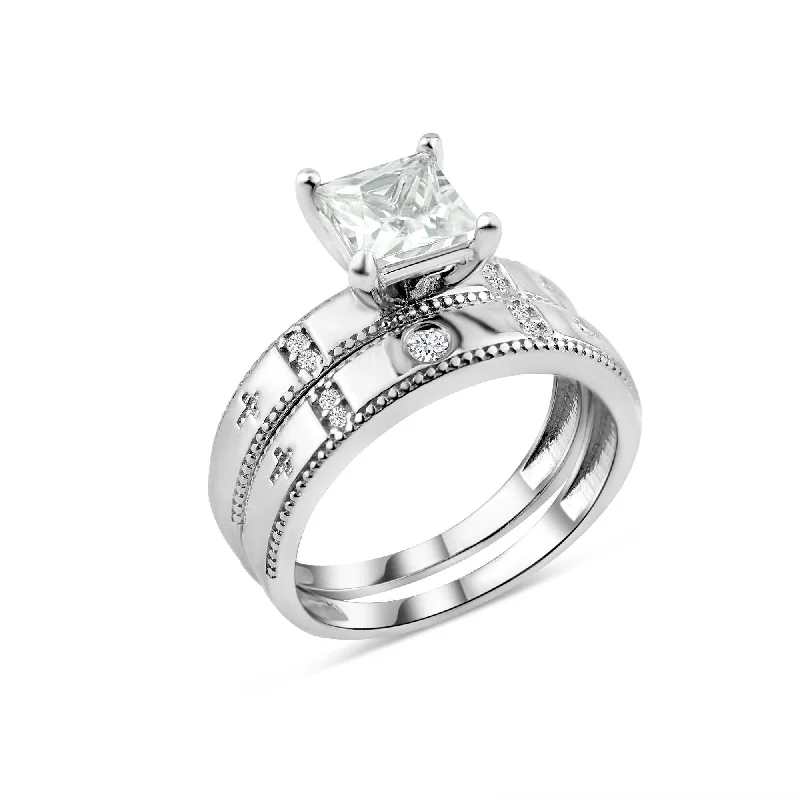 Rhodium Plated 925 Sterling Silver Square CZ Cross Shank Design Ring - GMR00285