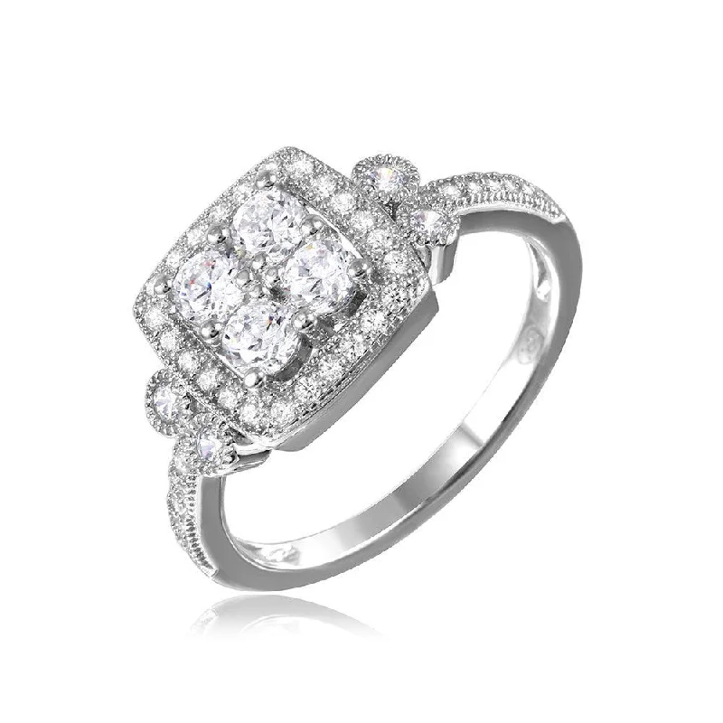 Silver 925 Rhodium Plated Square Halo Ring - GMR00088