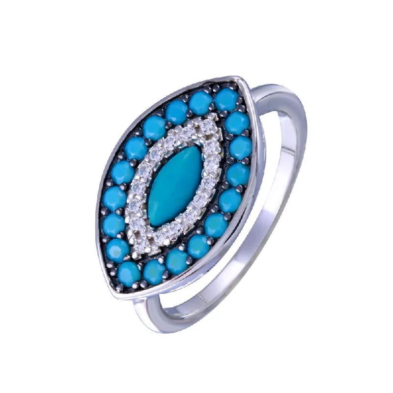 Rhodium Plated 925 Sterling Silver Turquoise Clear CZ Evil Eye Ring - BGR01338RHD