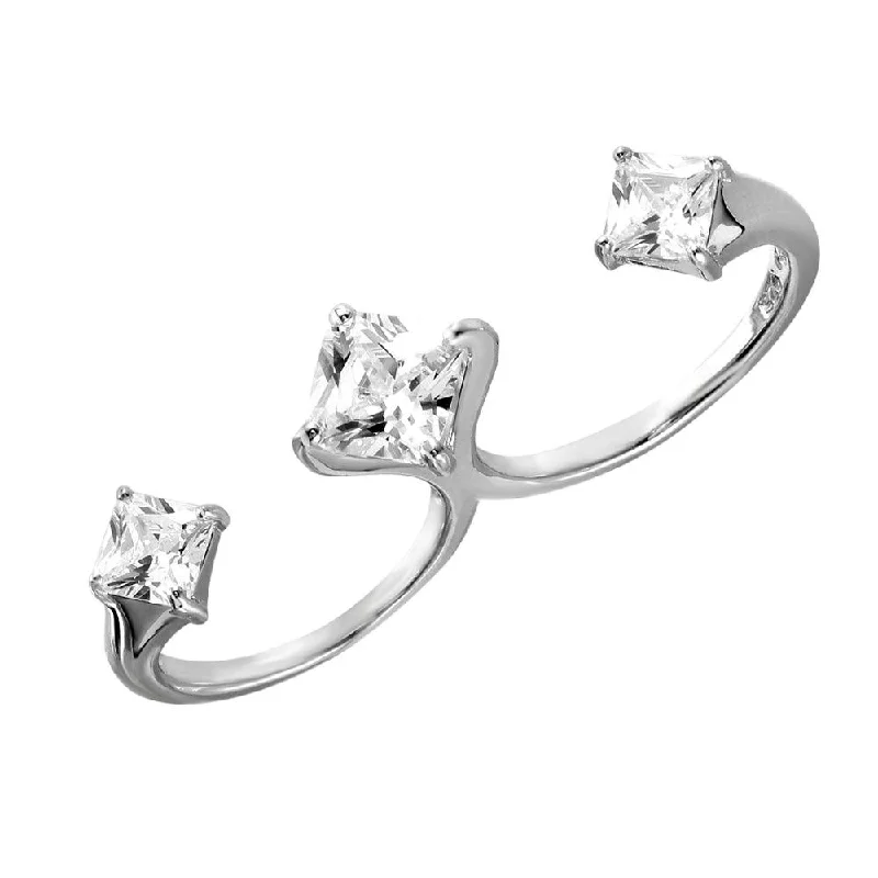 Silver 925 Rhodium Plated Two-Finger Open Ring with 3 CZ Accent Caps - BGR00984