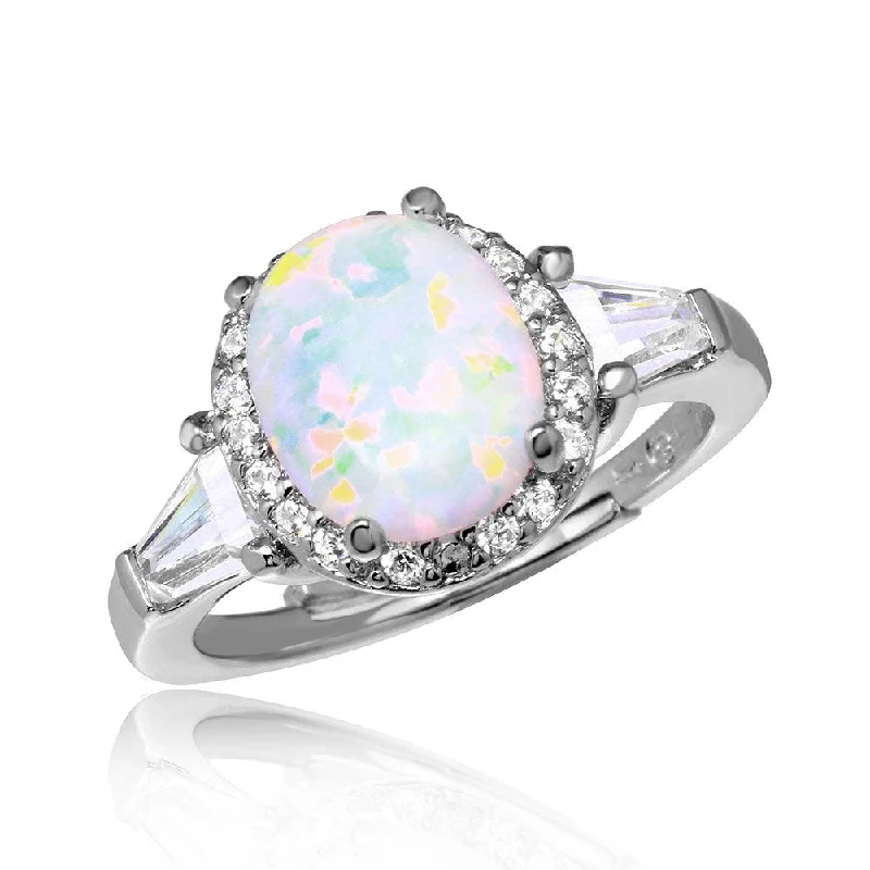 Silver 925 Rhodium Plated Halo Ring with Synthetic Oval Opal and CZ - BGR01042