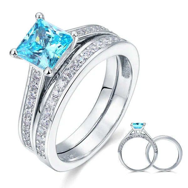 1.5 Carat Princess Cut 2-Pcs Fancy Blue Created Diamond 925 Sterling Silver Wedding Engagement Ring Set XFR8196S