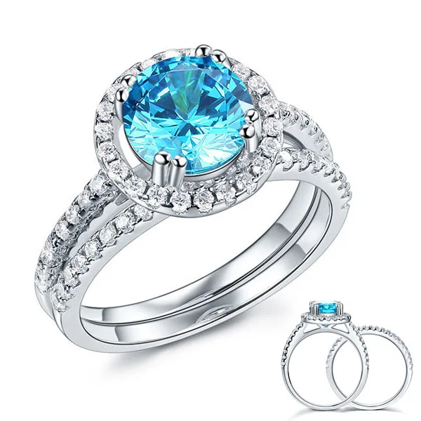 925 Sterling Silver Wedding Engagement Halo Ring Set 2 Carat Blue Created Diamond XFR8219