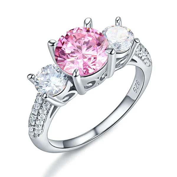 925 Sterling Silver 3-Stone Wedding Ring 2 Carat Fancy Pink Created Diamond Jewelry Vintage Style XFR8227