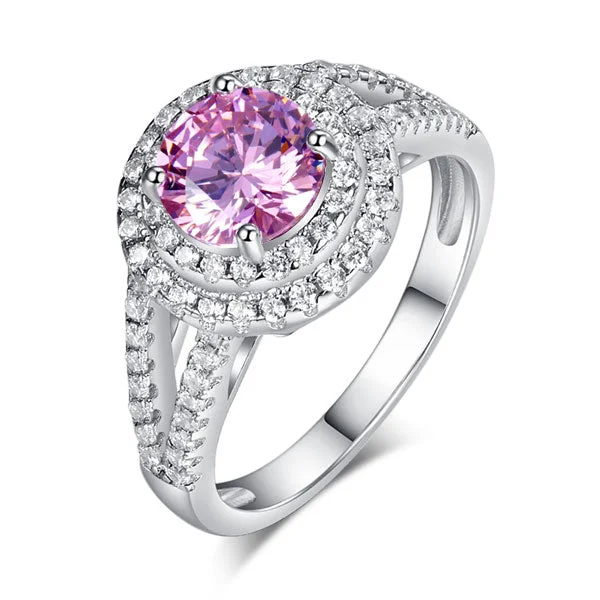 Double Halo 925 Sterling Silver Wedding Engagement Ring 1.25 Ct Fancy Pink Created Diamond Promise Anniversary XFR8252