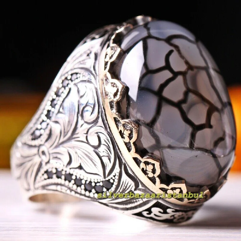 Yemeni Agate Aqeeq and Onyx Stone 925 Sterling Silver Mens Ring