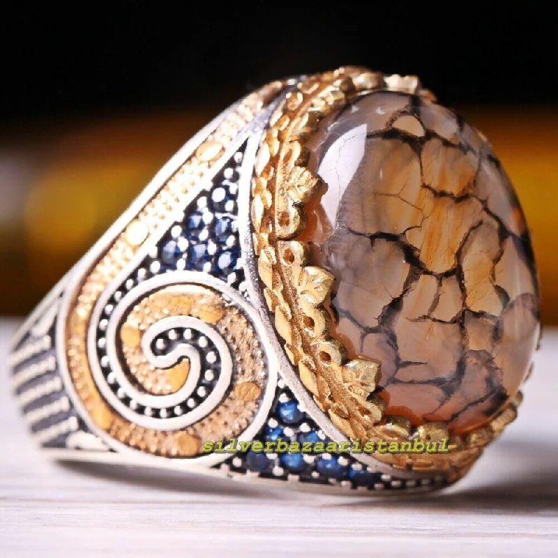 Yemeni Agate Aqeeq and Sapphire Stone 925 Sterling Silver Mens Ring