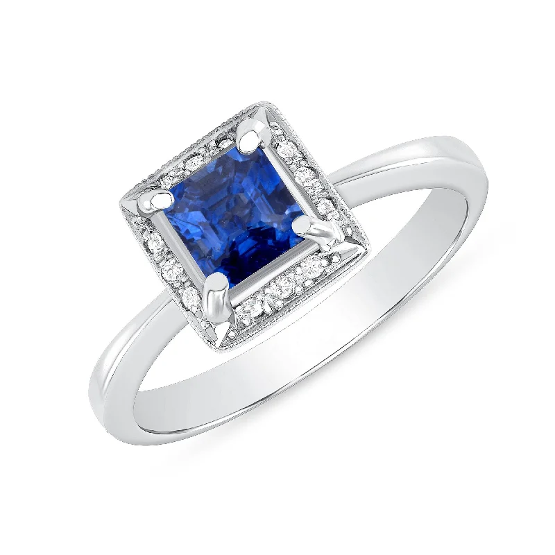 0.84 ct Blue Sapphire and Diamond Ring in 14k White Gold