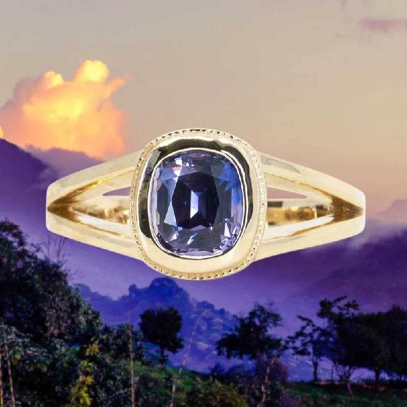 1.50ct Bicolor Purple Cushion Cut Sapphire Split Shank Bezel Ring with Milgrain in 14k Yellow Gold