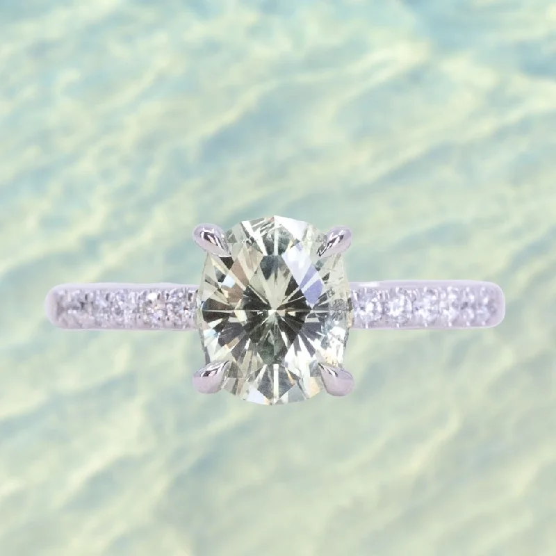 1.94ct Elongated Cushion Cut Light Green Montana Sapphire and French Set Diamond Solitaire in 14K White Gold