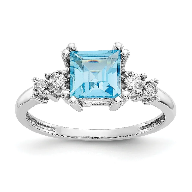 10k White Gold 6mm Square Princess Blue Topaz & Diamond Ring