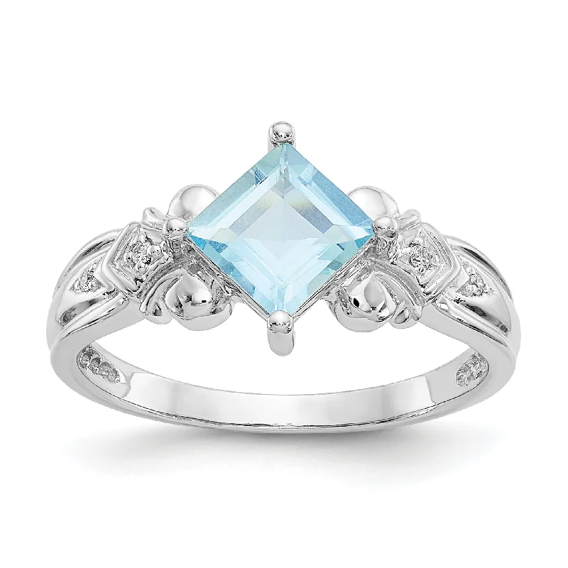 10k White Gold 6mm Square Princess Genuine Aquamarine & Diamond Ring