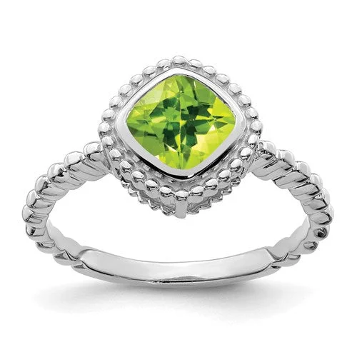 10k or 14k White Gold Cushion Peridot Bezel Set Beaded Design Ring