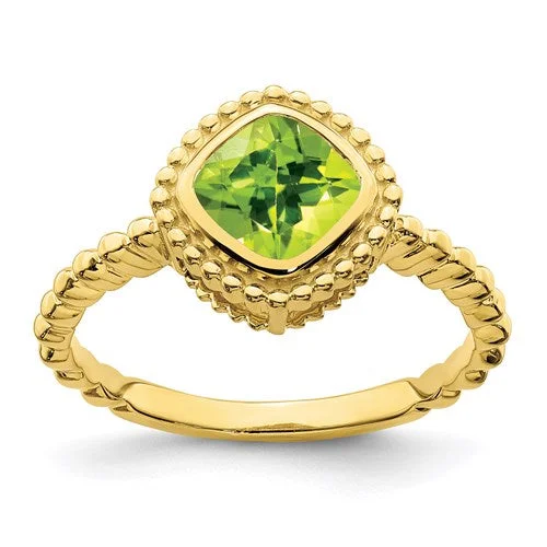 10k or 14k Yellow Gold Cushion Peridot Bezel Set Beaded Design Ring