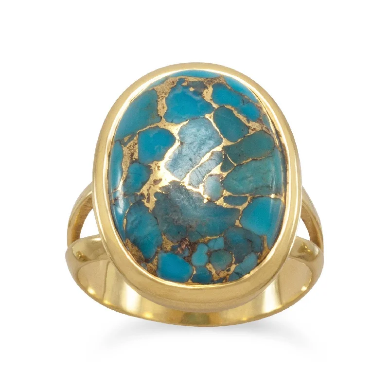 14k Yellow Gold Plated Sterling Silver Stabilized Copper Infused 13x17mm Turquoise Ring