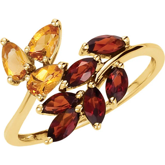 14k Yellow Gold Citrine & Mozambique Garnet Leaf Bypass Ring