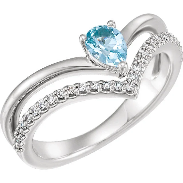 14K White Yellow or Rose Gold Aquamarine Pear & 1/6 CTW Diamond Double V Ring