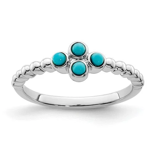 14k White Gold Beaded 4 Stone Turquoise Ring