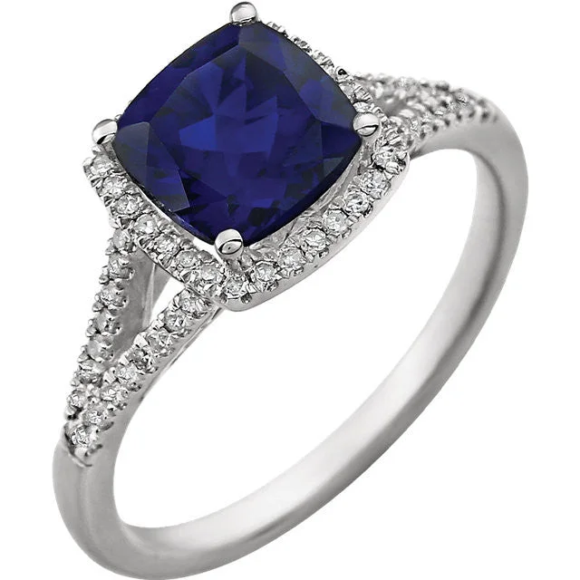 14K White Gold 7mm Cushion Cut Created Blue Sapphire & Diamond Halo Ring