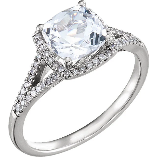 14K White Gold 7mm Cushion Cut Created White Sapphire & Diamond Halo Ring