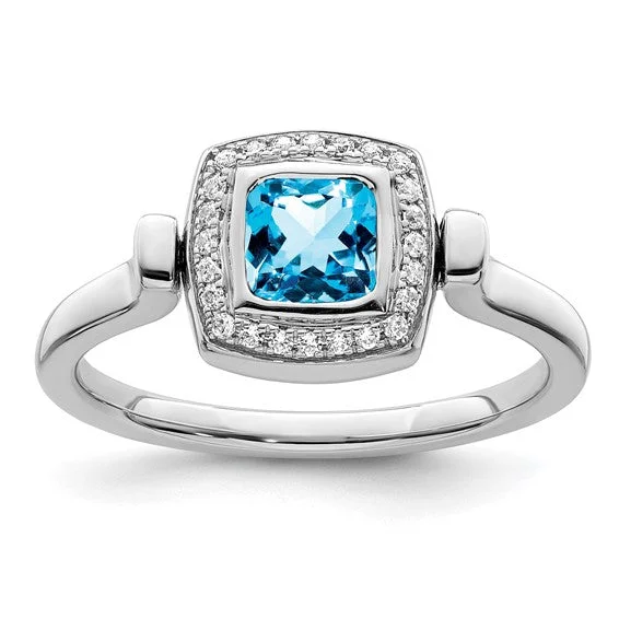 14K White Gold Cushion Cut Swiss Blue Topaz And Diamond Flip Ring