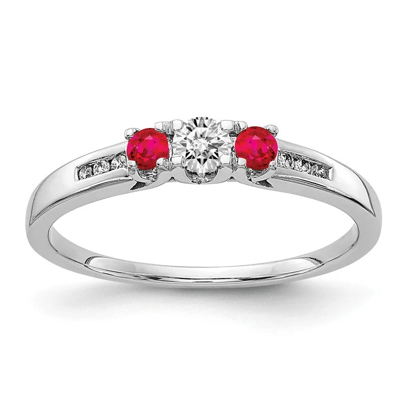 14k White Gold Diamond & Ruby 3-Stone Ring