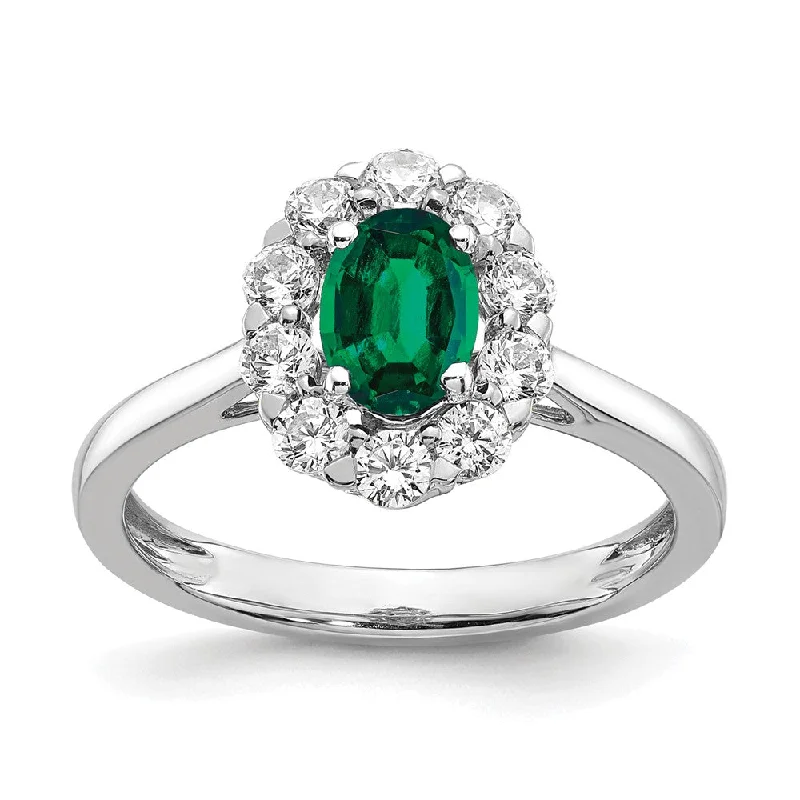 14K White Gold Lab Grown Diamond & Created Emerald Oval Ring