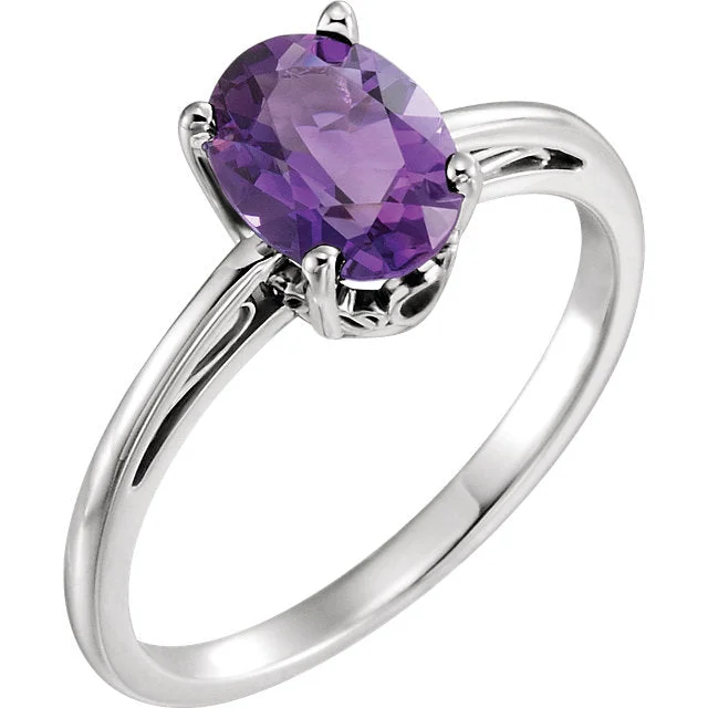 14K White Gold Oval Amethyst Scroll Set Ring