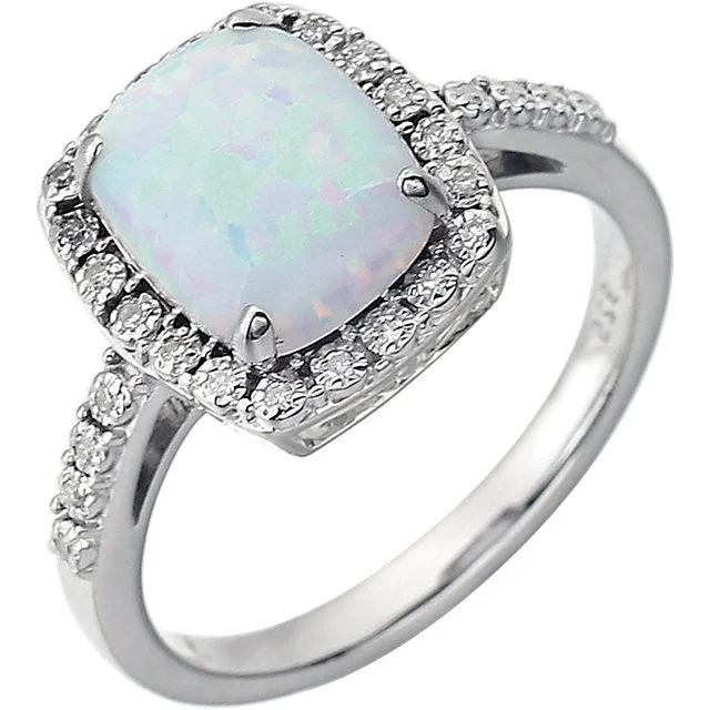 14k White Gold 10x8 Cushion Opal & Diamond Halo Ring